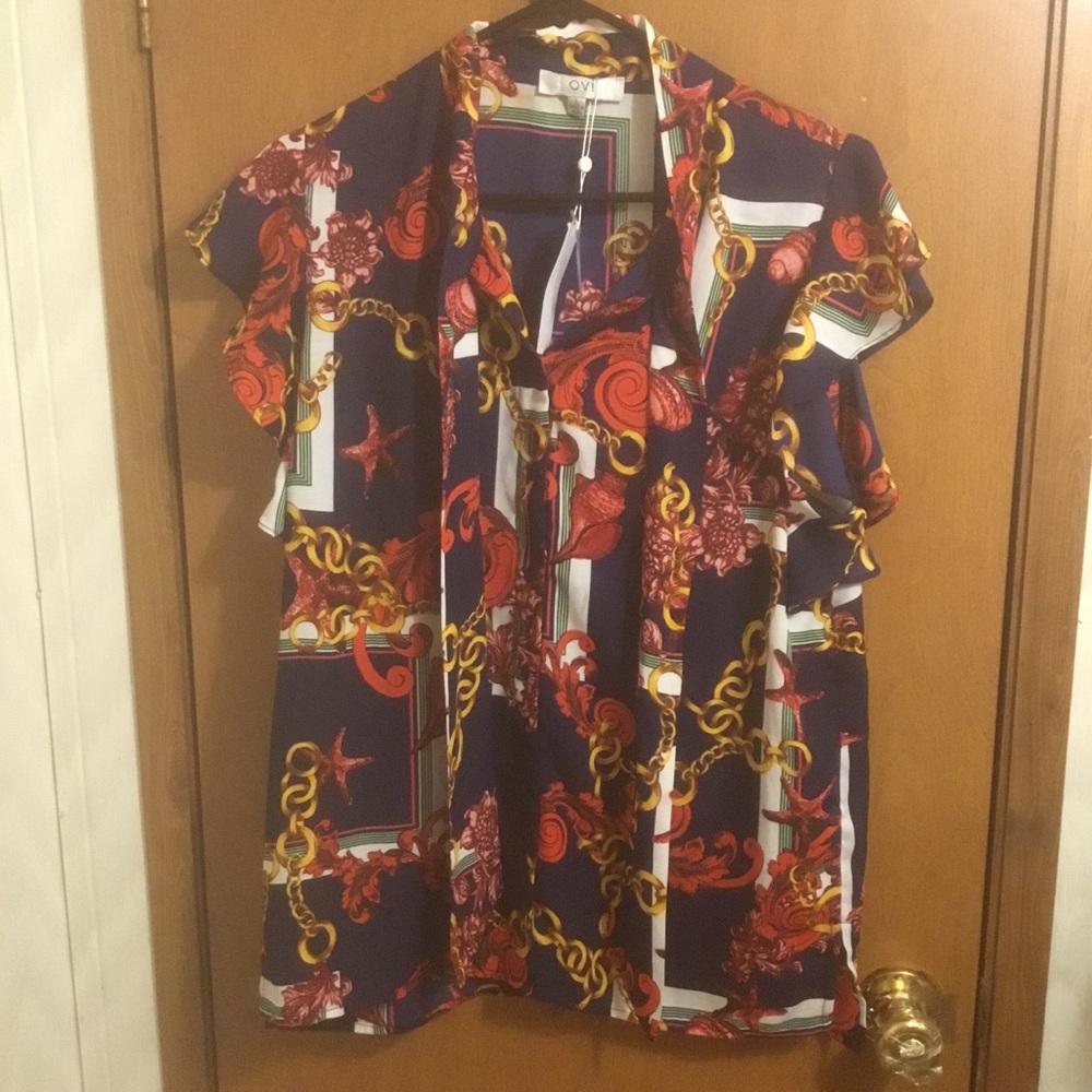 Blue Red Flutter Sleeve Tie Neck Chain Star Fish Seashell Flower Blouse L